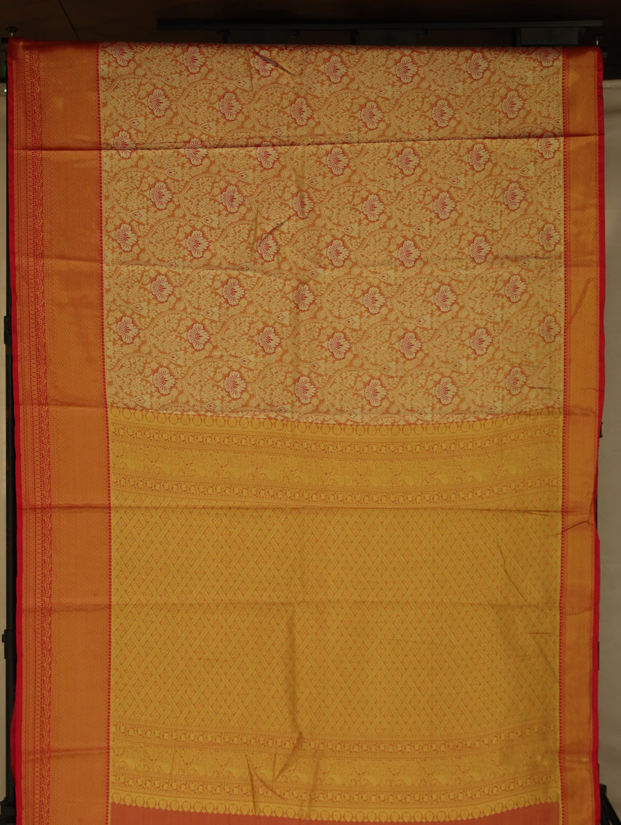 Sunset Gold Kanchipuram Inspired Semi Silk Saree with Narrow Narrow Contrast Border