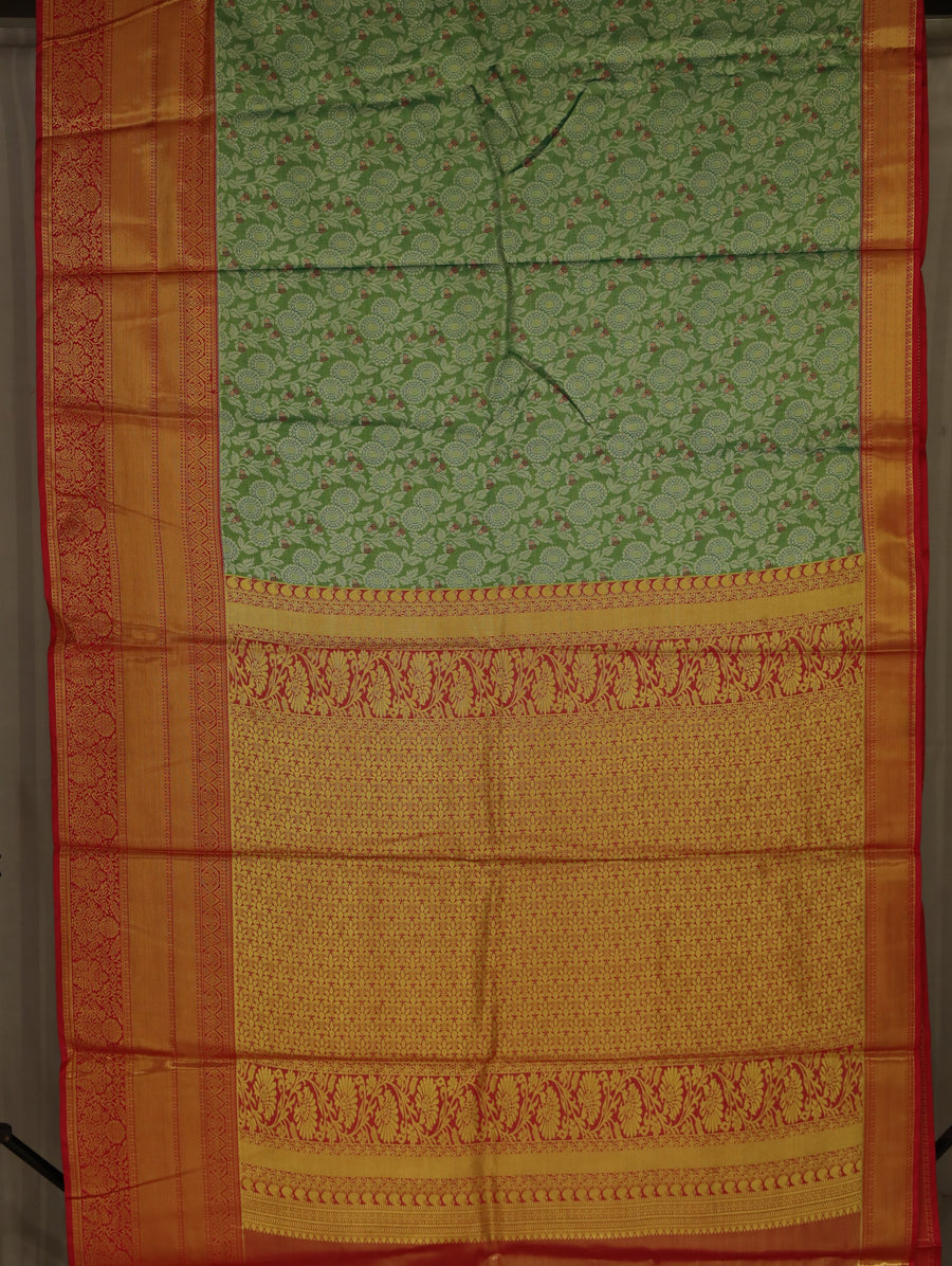 Sage Green Kanchipuram Inspired Semi Silk Saree with Medium Medium Contrast Border