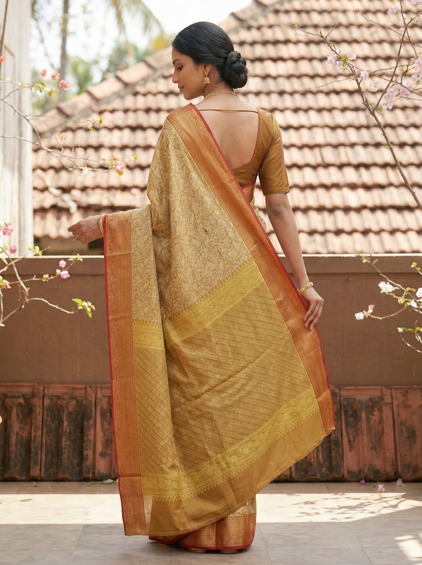 Champagne Gold Kanchipuram Inspired Semi Silk Saree with Wide Wide Contrast Border