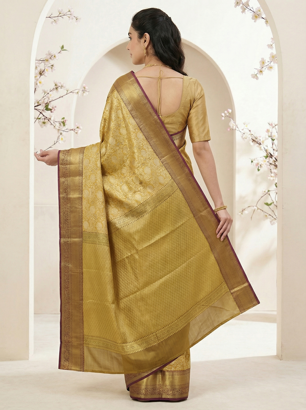Champagne Gold Kanchipuram Inspired Semi Silk Saree with Wide Wide Contrast Border