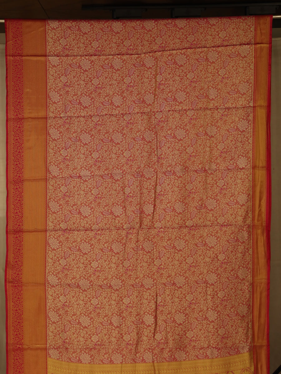 Sunset Coral Kanchipuram Inspired Semi Silk Saree with Medium Medium Contrast Border