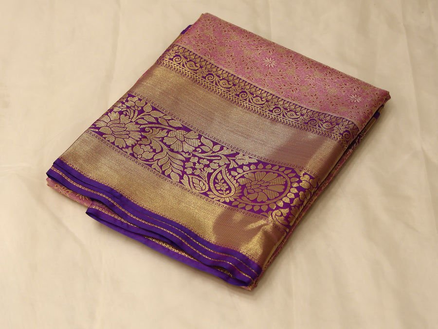 Dusty Rose Kanchipuram Inspired Semi Silk Saree with Medium Medium Contrast Border