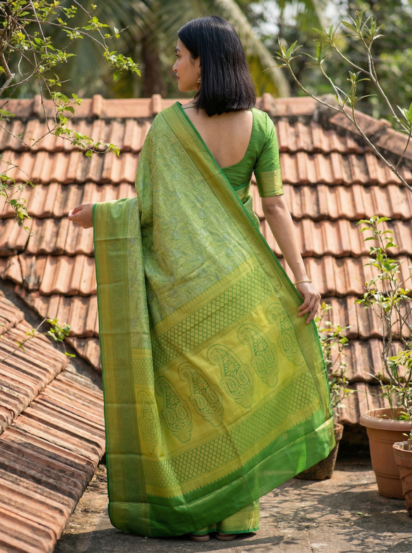 Sage Green Kanchipuram Inspired Semi Silk Saree with Wide Wide Self Border