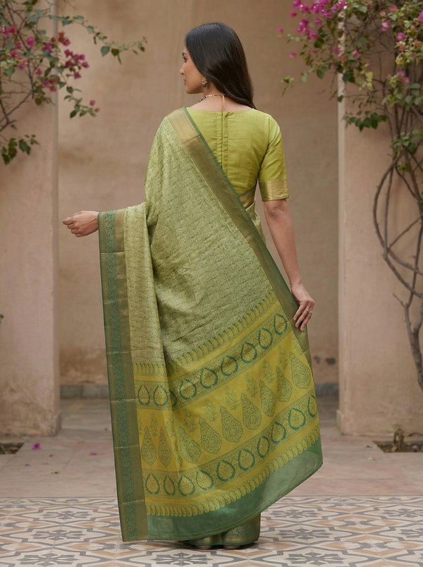 Sage Green Uppada Inspired Semi Silk Saree with Medium Medium Contrast Border