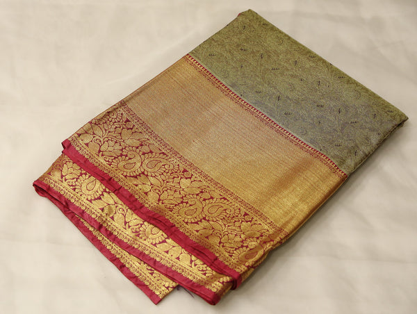 Champagne Gold Kanchipuram Inspired Semi Silk Saree with Wide Wide Contrast Border