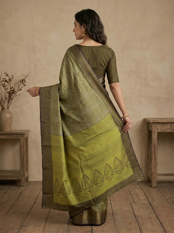 Mustard Yellow Dharmavaram Inspired Semi Silk Saree with Wide Wide Contrast Border