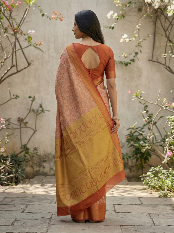 Burnt Orange Dharmavaram Inspired Semi Silk Saree with Narrow Narrow Contrast Border