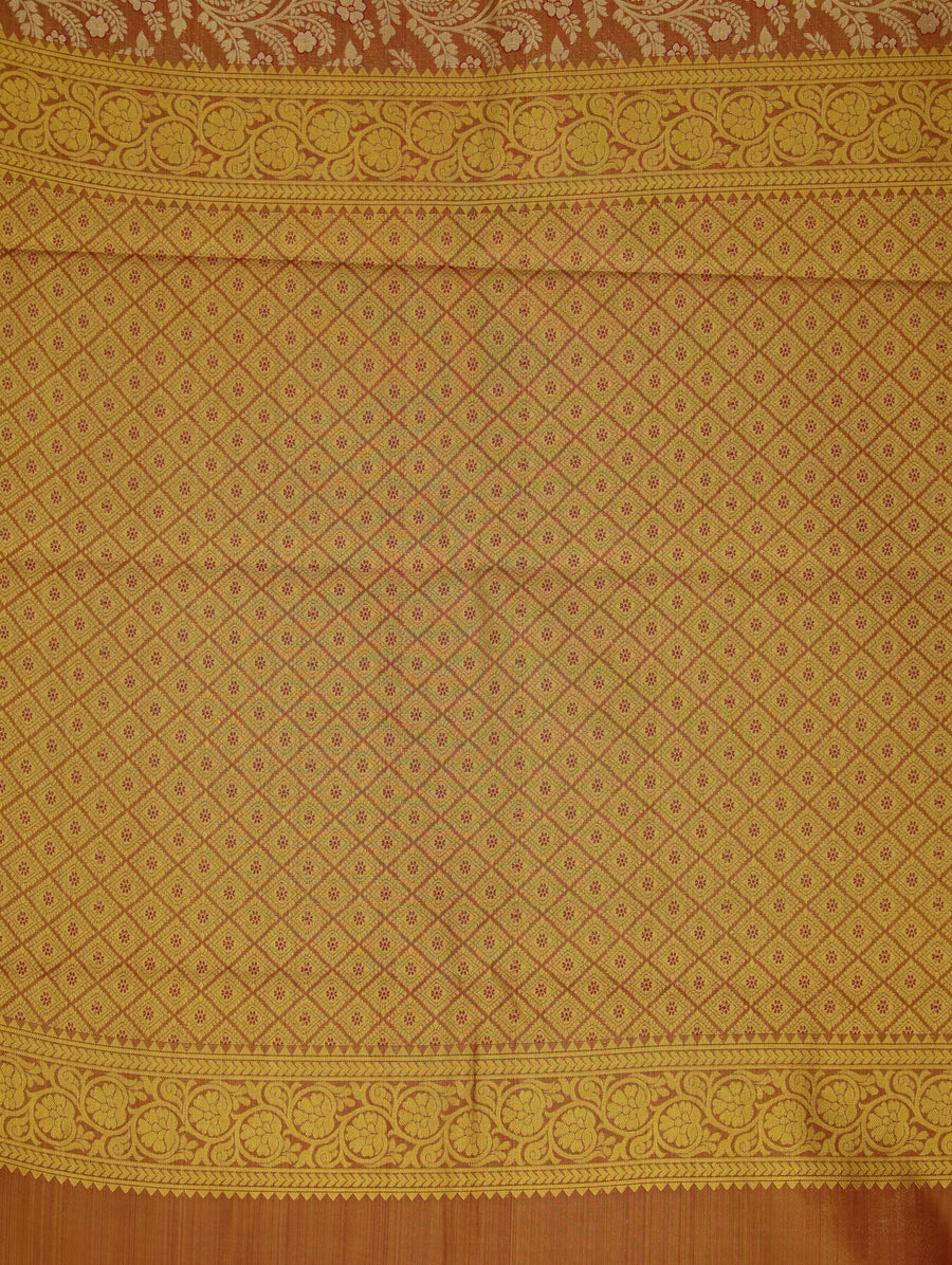 Burnt Orange Kanchipuram Inspired Semi Silk Saree with Wide Wide Contrast Border