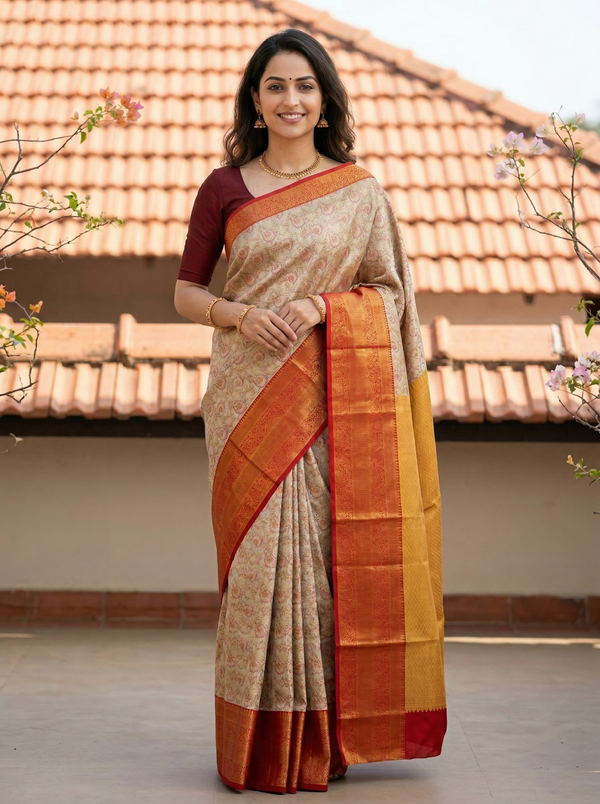 Mustard Yellow Dharmavaram Inspired Semi Silk Saree with Wide Wide Contrast Border