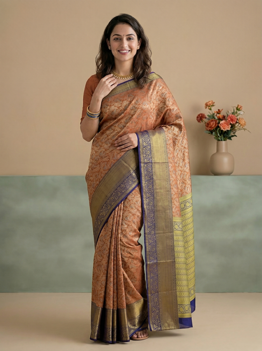 Rust Orange Banarasi Inspired Semi Silk Saree with Medium Medium Contrast Border