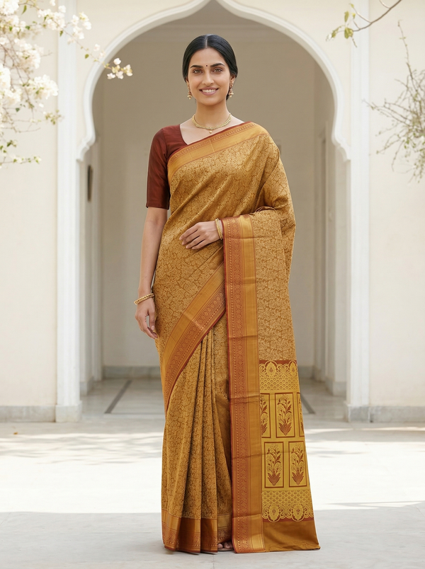 Champagne Gold Dharmavaram Inspired Semi Silk Saree with Medium Medium Contrast Border