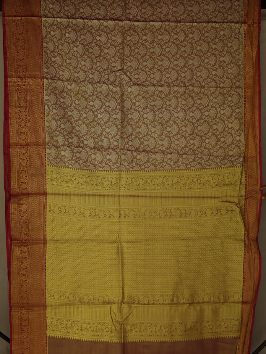 Champagne Gold Kanchipuram Inspired Semi Silk Saree with Wide Wide Contrast Border