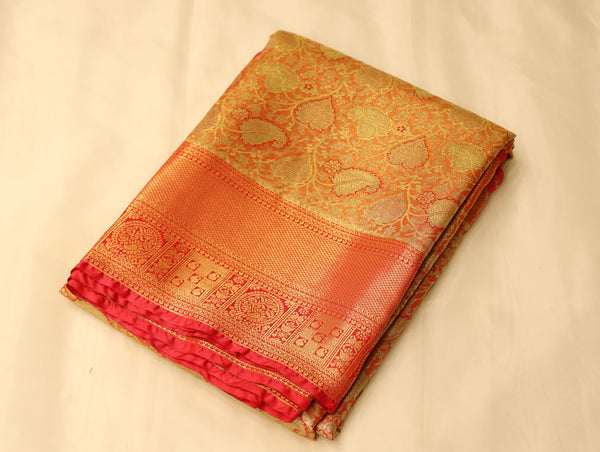 Amber Gold Kanchipuram Inspired Semi Silk Saree with Medium Medium Contrast Border