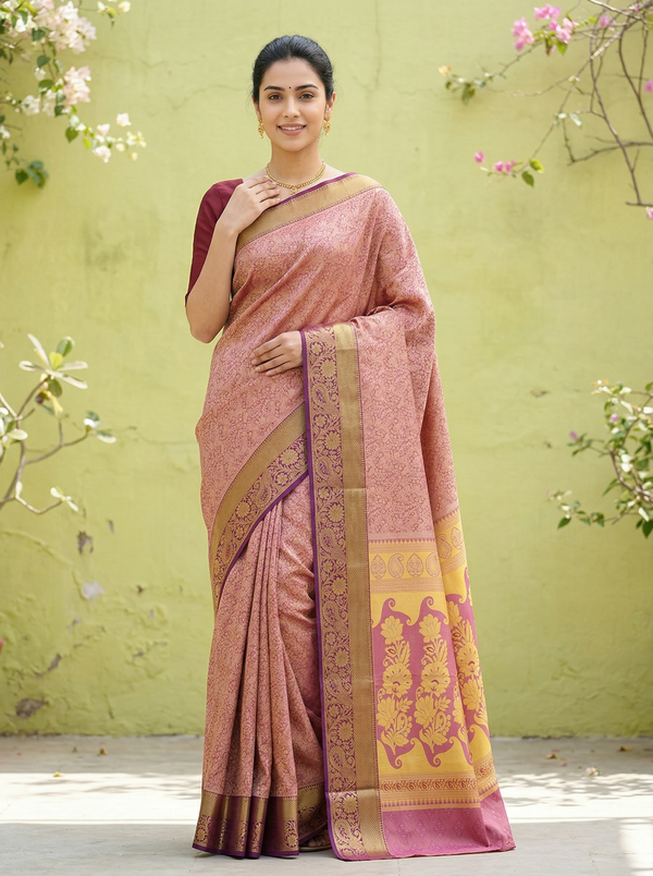 Blush Pink Dharmavaram Inspired Semi Silk Saree with Wide Wide Contrast Border