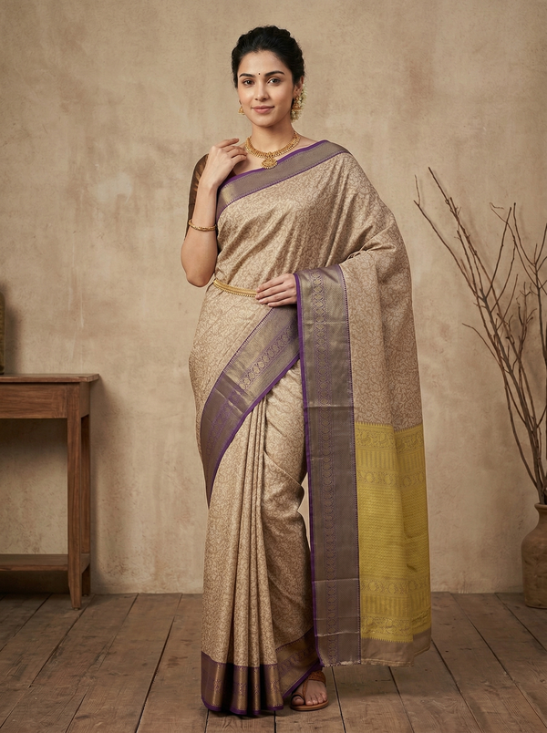 Champagne Gold Dharmavaram Inspired Semi Silk Saree with Medium Medium Contrast Border