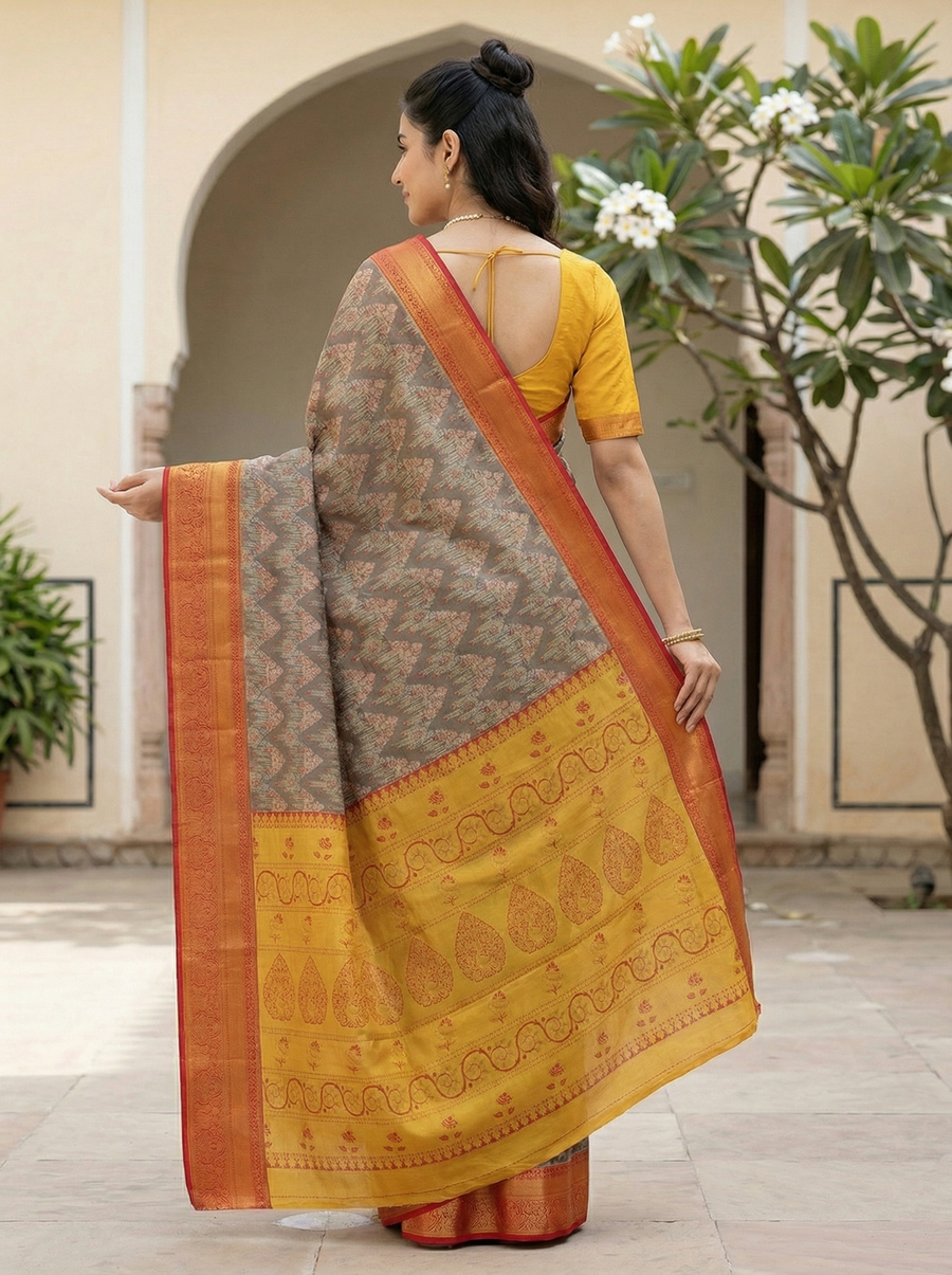 Olive Gray Dharmavaram Inspired Semi Silk Saree with Wide Wide Contrast Border