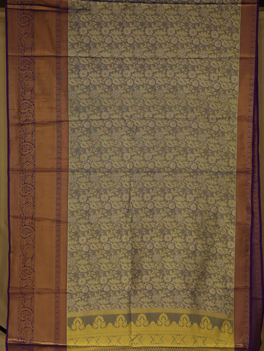 Champagne Gold Kanchipuram Inspired Semi Silk Saree with Wide Wide Contrast Border