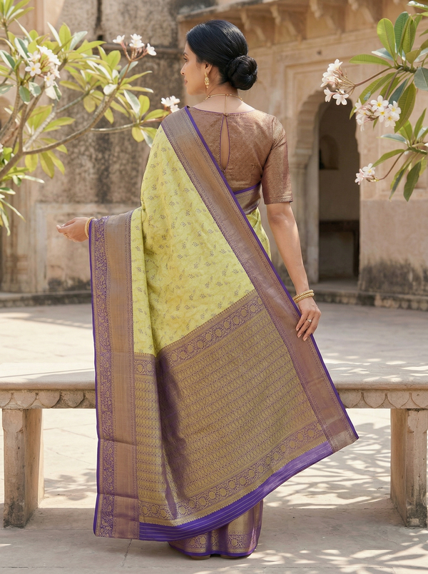 Lemon Yellow Mysore Inspired Semi Silk Saree with Wide Wide Contrast Border