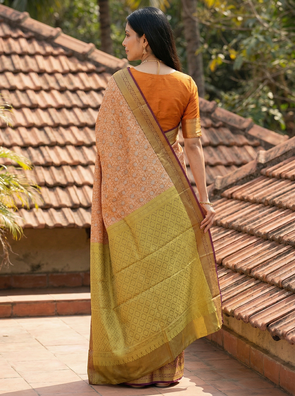 Saffron Orange Dharmavaram Inspired Semi Silk Saree with Medium Medium Contrast Border