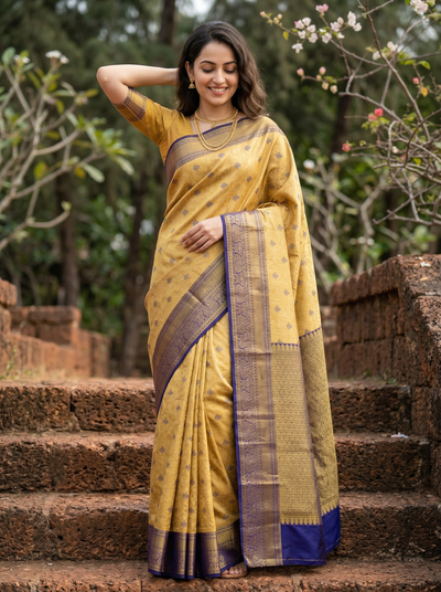 Sunshine Yellow Uppada Inspired Semi Silk Saree with Medium Medium Contrast Border