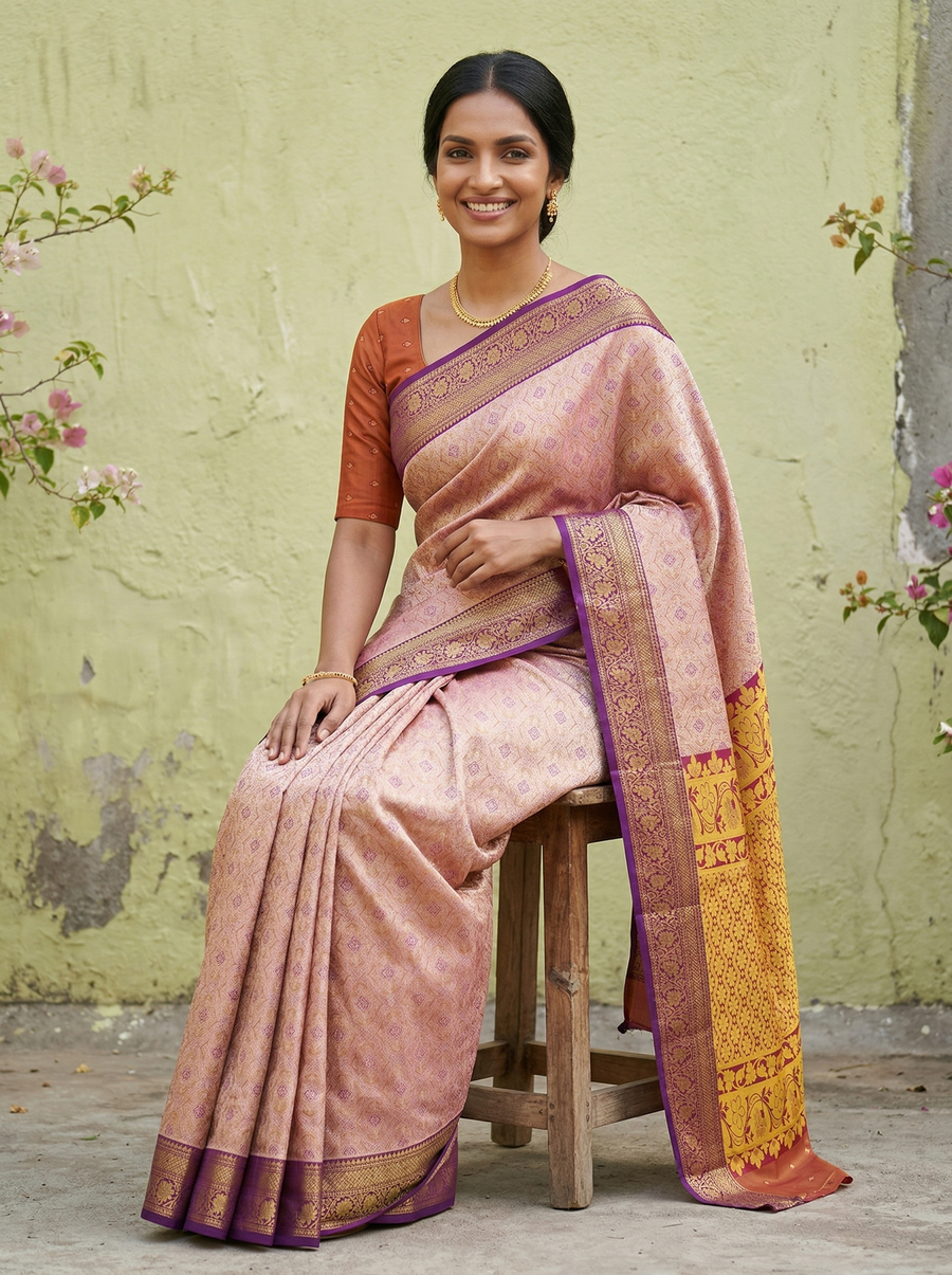 Dusty Rose Dharmavaram Inspired Semi Silk Saree with Medium Medium Contrast Border
