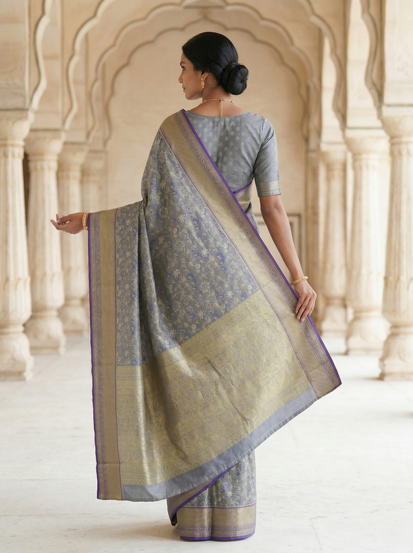 Slate Blue Kanchipuram Inspired Semi Silk Saree with Wide Wide Contrast Border