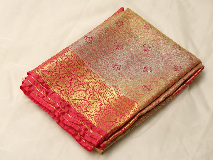 Champagne Gold Dharmavaram Inspired Semi Silk Saree with Wide Wide Contrast Border