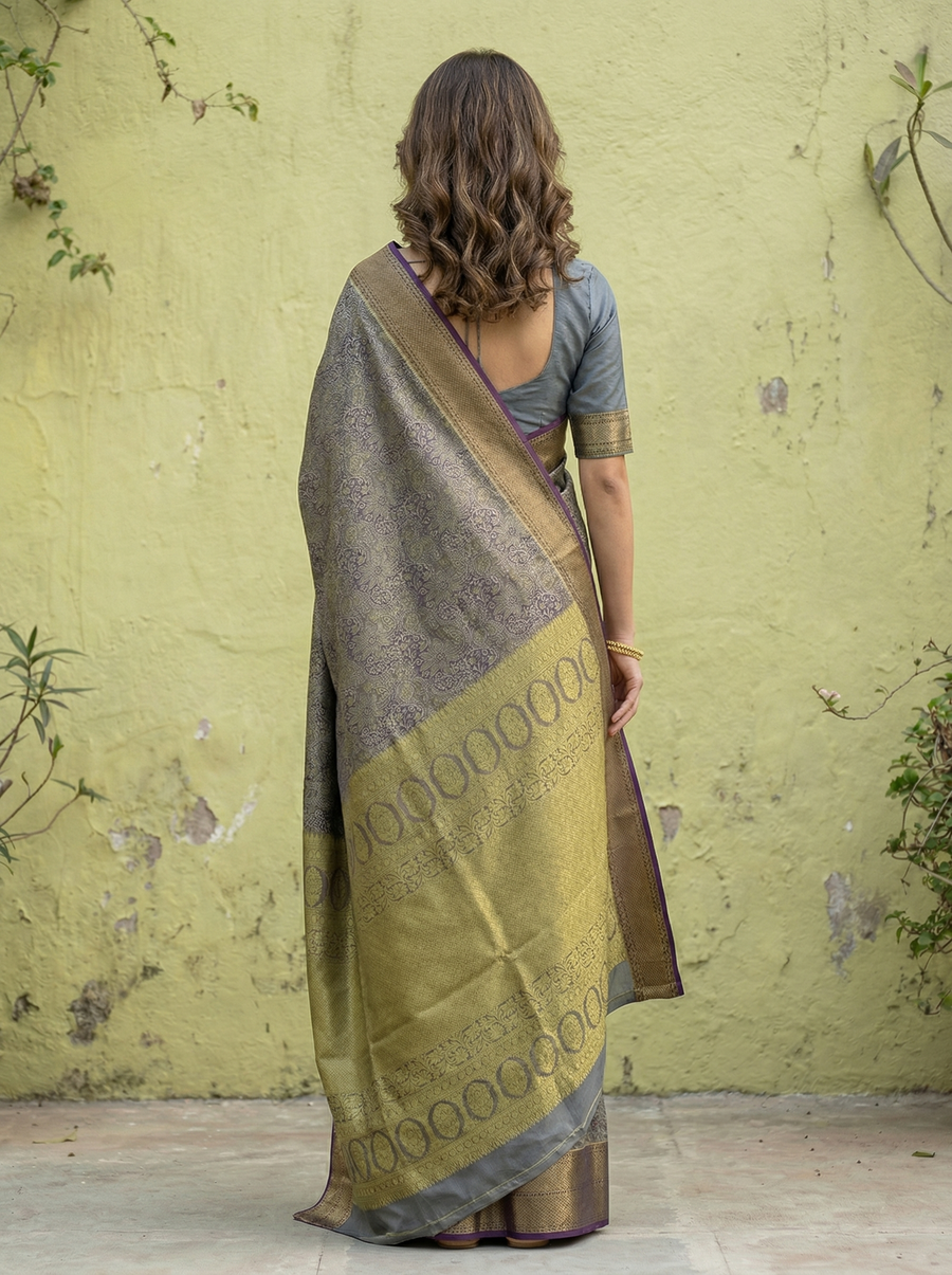 Dusty Teal Kanchipuram Inspired Semi Silk Saree with Wide Wide Contrast Border