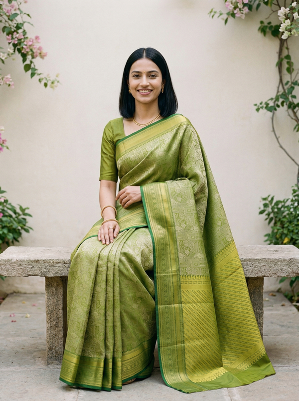 Lime Green Kanchipuram Inspired Semi Silk Saree with Wide Wide Contrast Border