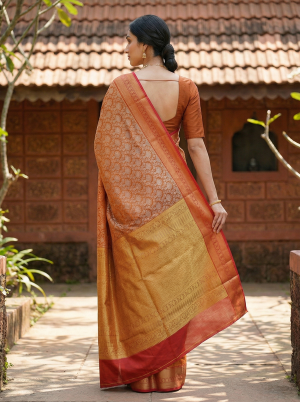 Burnt Orange Kanchipuram Inspired Semi Silk Saree with Medium Medium Contrast Border
