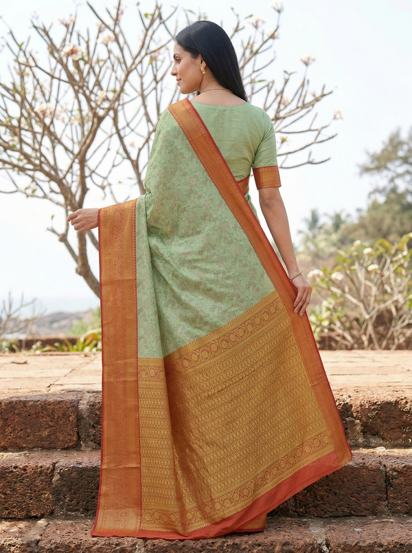Sage Green Dharmavaram Inspired Semi Silk Saree with Wide Wide Contrast Border