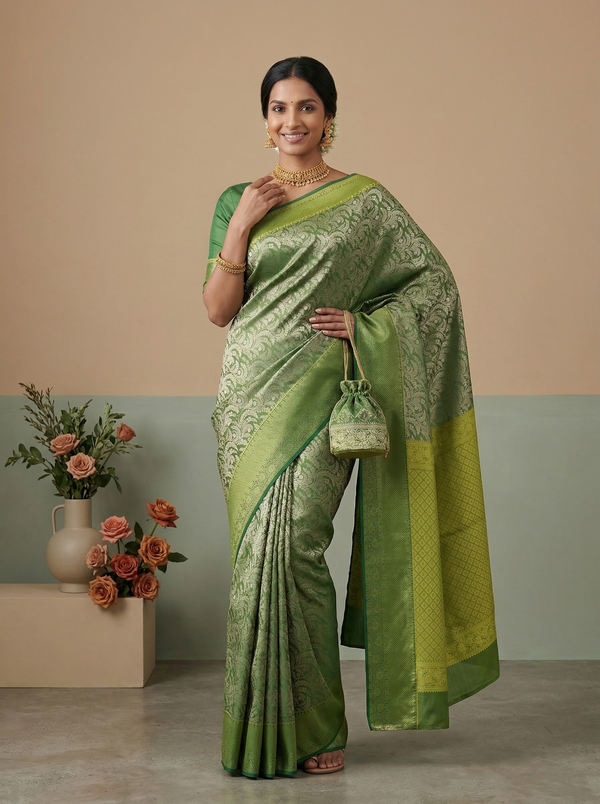 Olive Green Kanchipuram Inspired Semi Silk Saree with Wide Wide Self Border