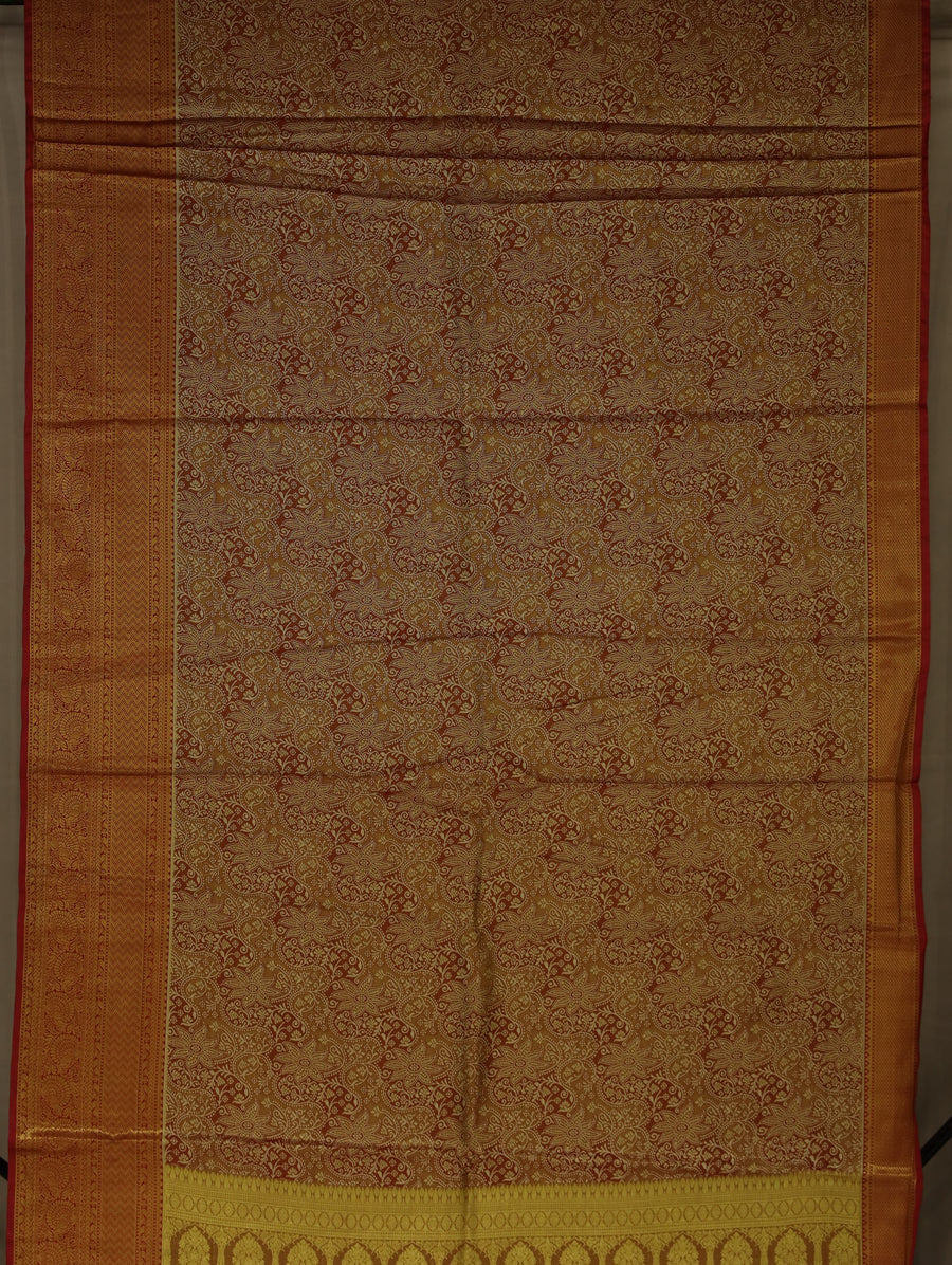 Antique Gold Kanchipuram Inspired Semi Silk Saree with Wide Wide Contrast Border
