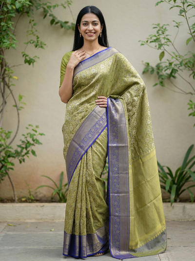 Olive Green Kanchipuram Inspired Semi Silk Saree with Wide Wide Contrast Border