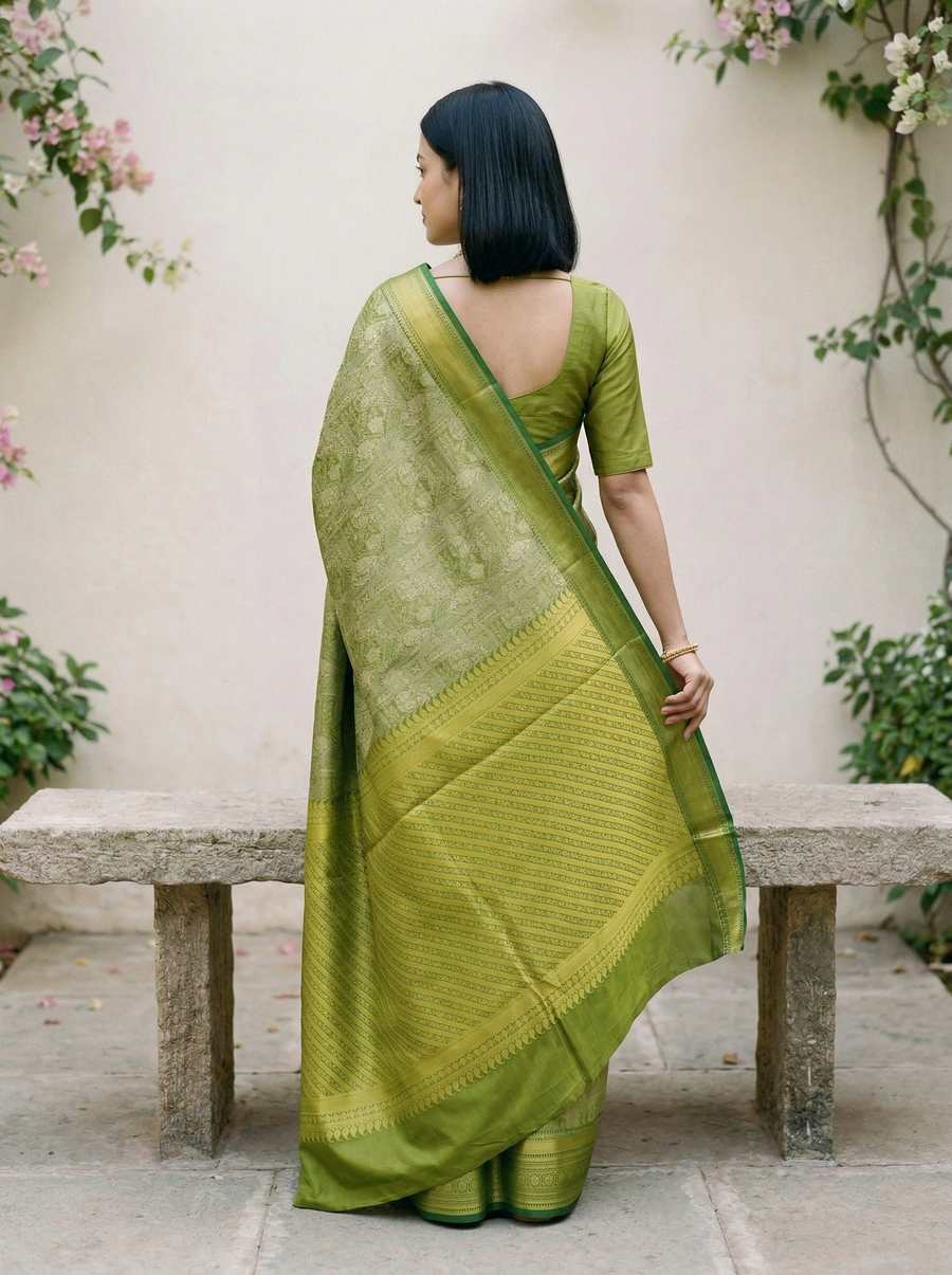 Lime Green Kanchipuram Inspired Semi Silk Saree with Wide Wide Contrast Border
