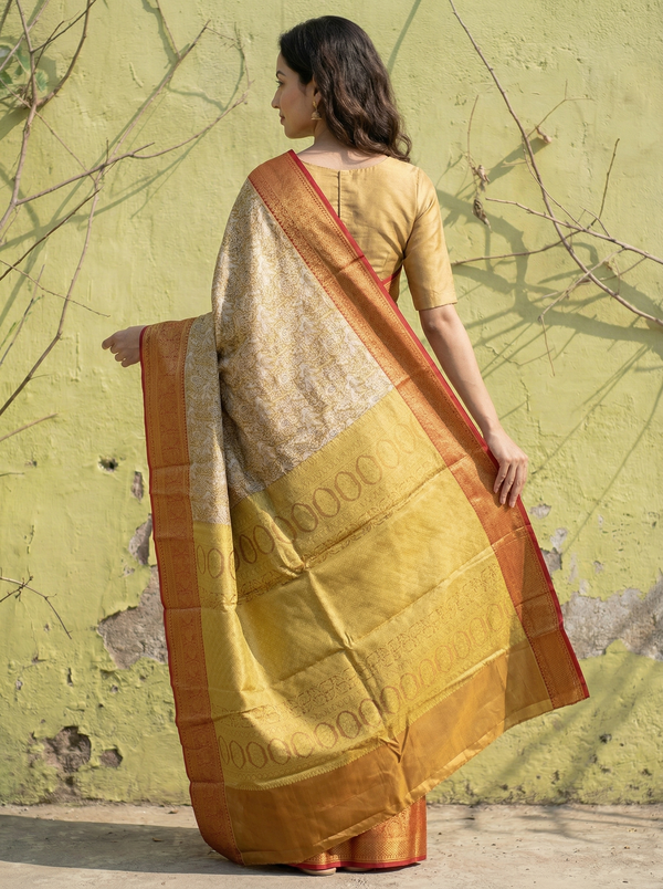 Champagne Gold Dharmavaram Inspired Semi Silk Saree with Medium Medium Contrast Border