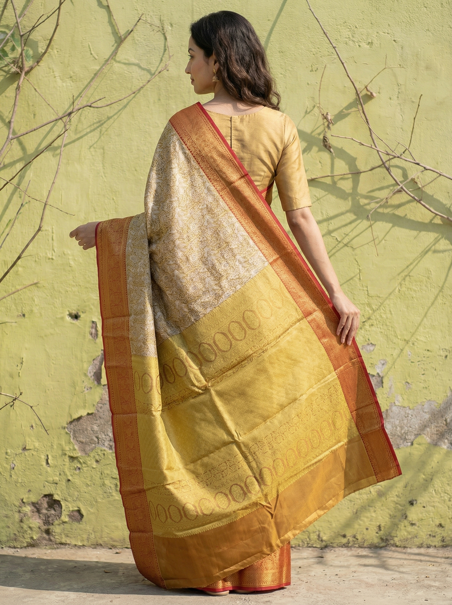 Champagne Gold Dharmavaram Inspired Semi Silk Saree with Medium Medium Contrast Border