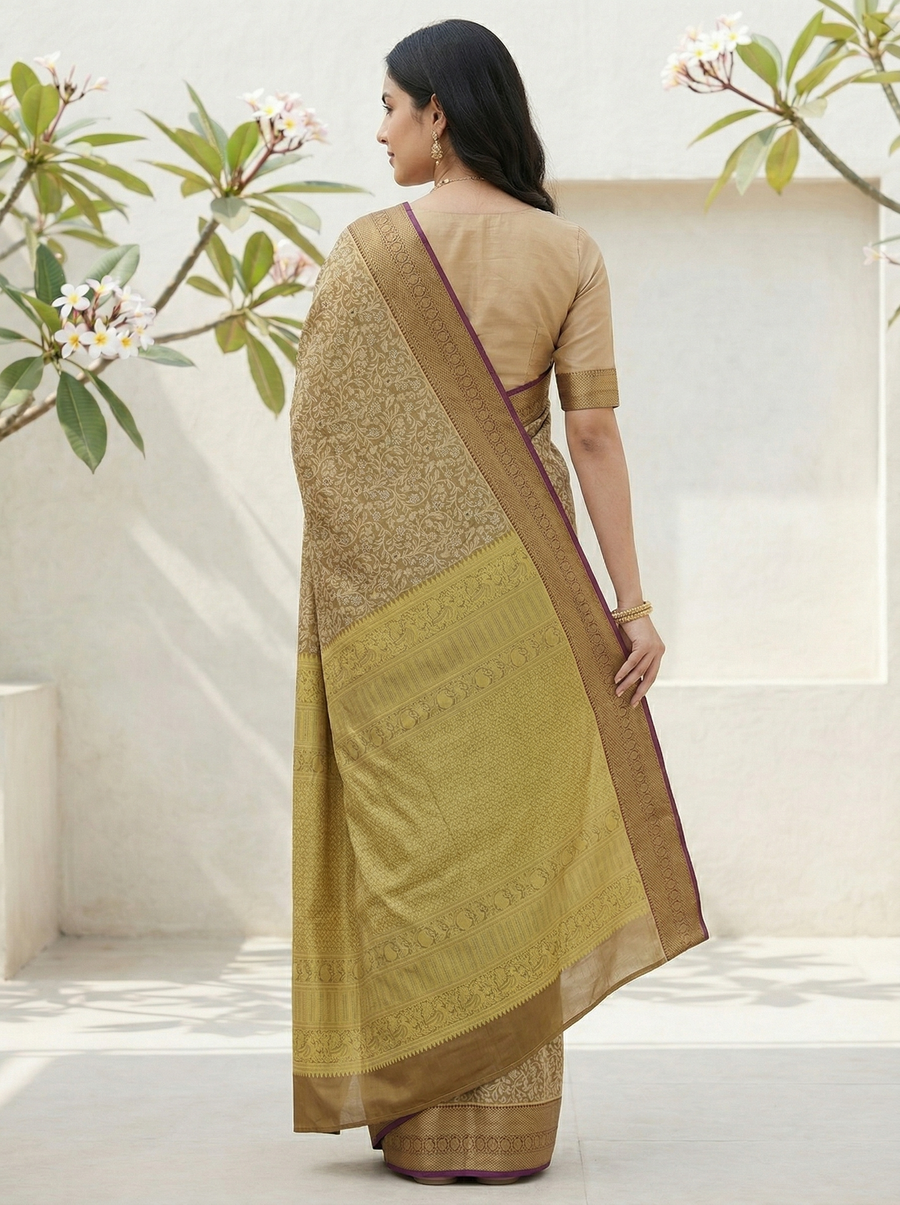 Champagne Gold Dharmavaram Inspired Semi Silk Saree with Medium Medium Contrast Border