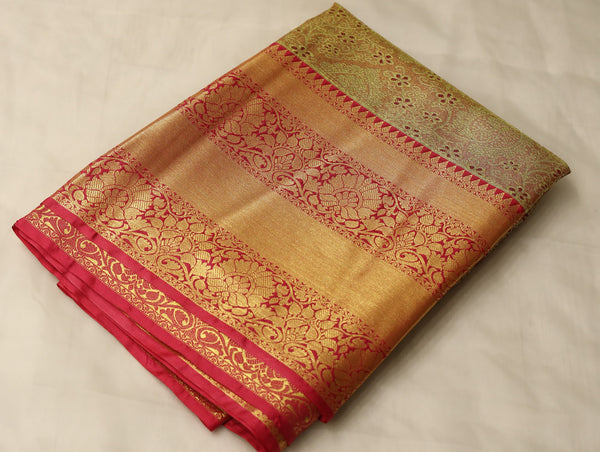 Champagne Gold Kanchipuram Inspired Semi Silk Saree with Wide Wide Contrast Border
