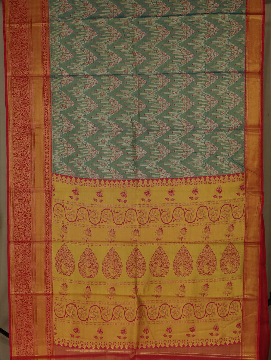 Sage Green Kanchipuram Inspired Semi Silk Saree with Wide Wide Contrast Border