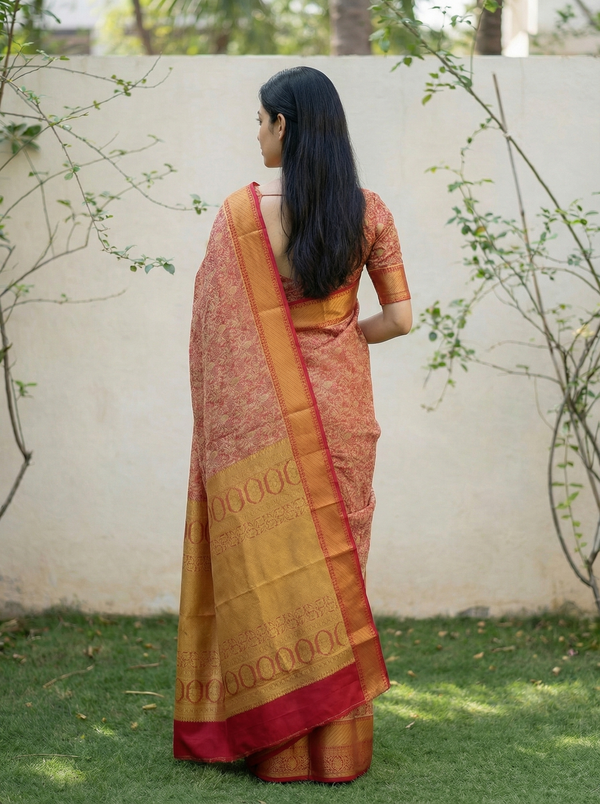 Terracotta Red Kanchipuram Inspired Semi Silk Saree with Wide Wide Contrast Border