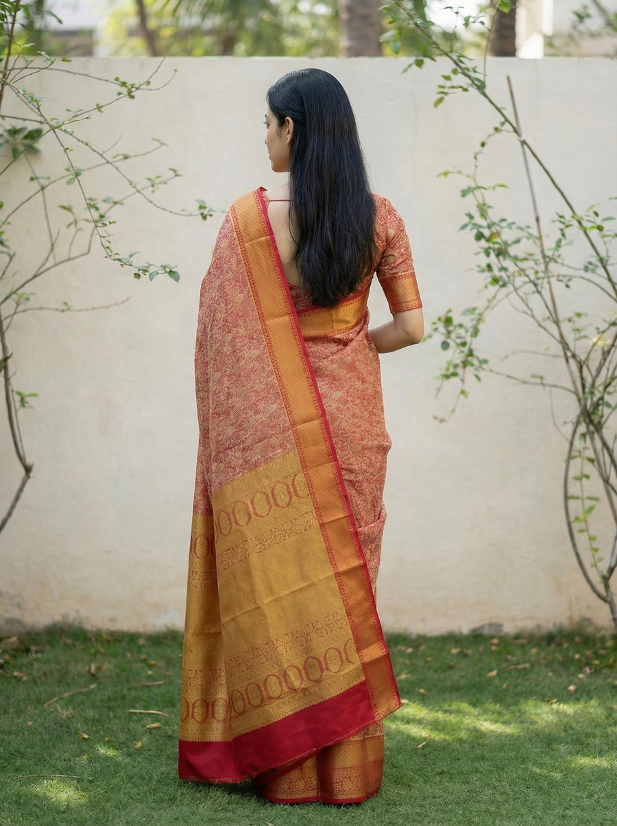Terracotta Red Kanchipuram Inspired Semi Silk Saree with Wide Wide Contrast Border