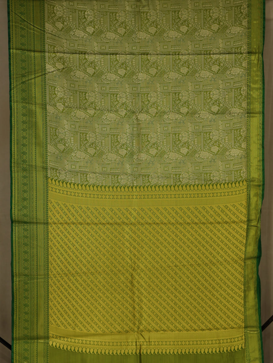 Lime Green Kanchipuram Inspired Semi Silk Saree with Wide Wide Contrast Border