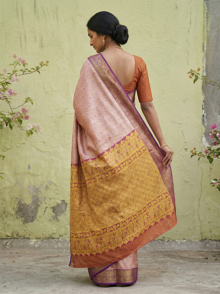 Dusty Rose Dharmavaram Inspired Semi Silk Saree with Medium Medium Contrast Border