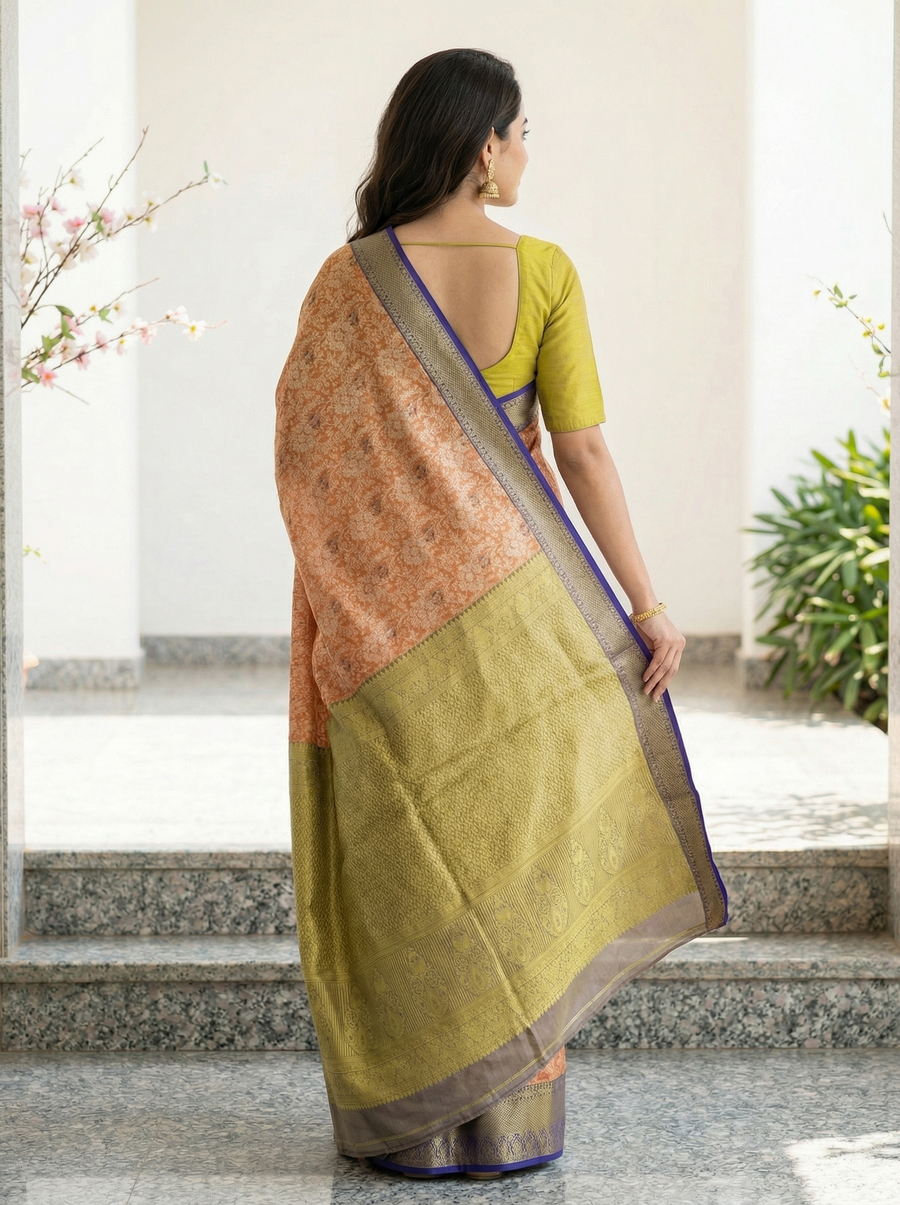 Burnt Orange Dharmavaram Inspired Semi Silk Saree with Medium Medium Contrast Border