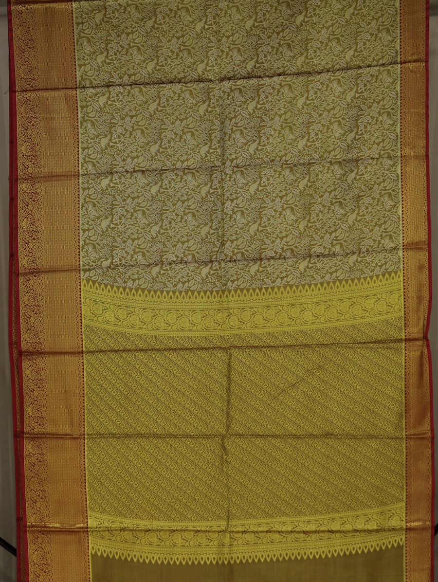 Antique Gold Kanchipuram Inspired Semi Silk Saree with Wide Wide Contrast Border