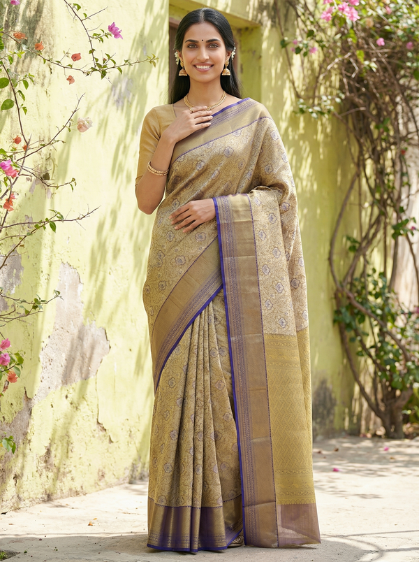 Champagne Gold Dharmavaram Inspired Semi Silk Saree with Medium Medium Contrast Border