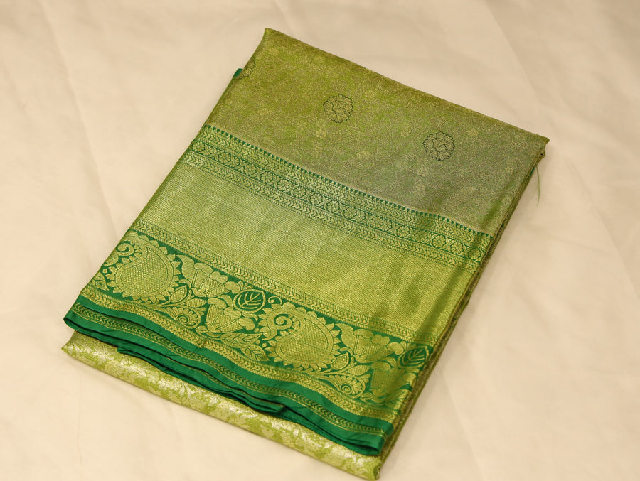 Olive Green Kanchipuram Inspired Semi Silk Saree with Wide Wide Self Border