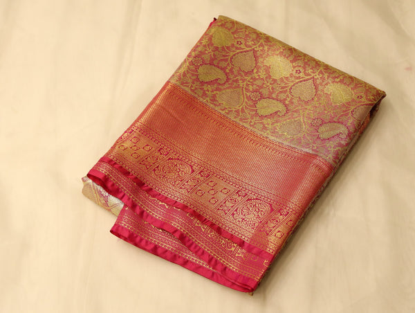 Gold and Russet Red Dharmavaram Inspired Semi Silk Saree with Medium Medium Contrast Border
