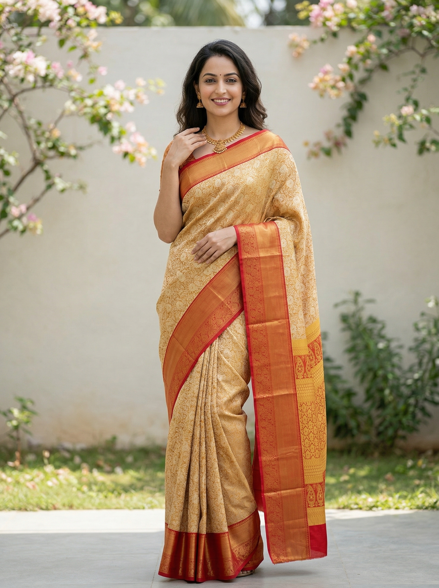 Champagne Gold Kanchipuram Inspired Semi Silk Saree with Wide Wide Contrast Border